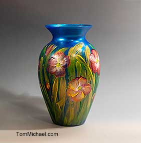 Hand-painted floral vase by Tom Michael, Odyssey Art Glass