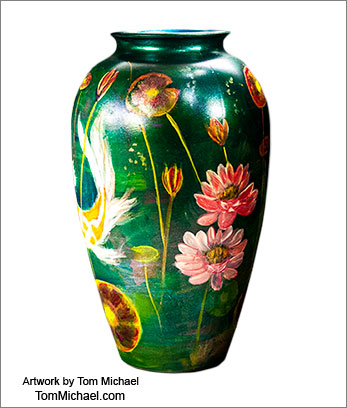 Hand-painted Koi Pond vase by Tom Michael,art glass vases,scenic painte vases